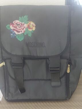 Moschino Black Backpack with Embroidered Floral Accent